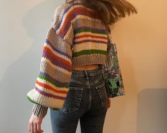 Hand Knit Striped Crop Sweater, Chunky Wool Blend