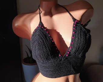Handmade Black Crochet Crop Bikini Top, Festival Beachwear