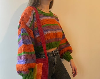 Hand Knit Cropped Wool Sweater, Chunky Striped Design