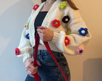 Handmade Knit Daisy Cardigan, Crochet Flower Bloom Jacket