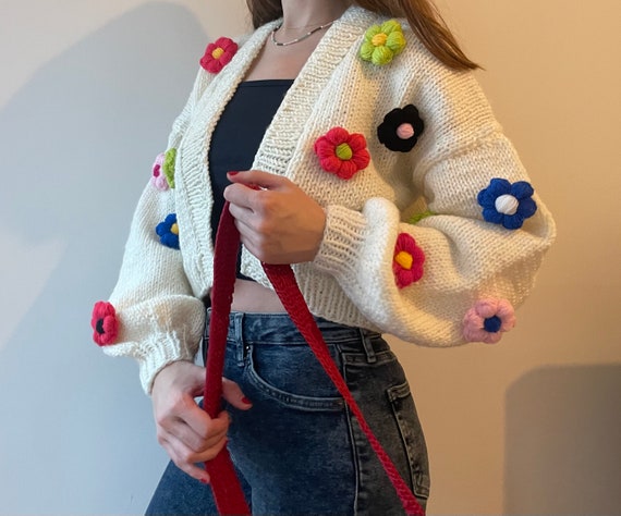 Handmade Knit Daisy Cardigan, Crochet Flower Bloom Jacket - Etsy