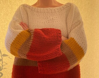 Handmade Multicolor Knit Sweater, Oversized Pullover Jumper
