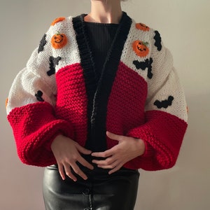 Halloween Oversized Cardigan,Handmade Halloween Cardigan,Cool Halloween Outfit,Hand Knit Pumpkin Cardigan,Long Sleeve Hand Knitted Cardigan
