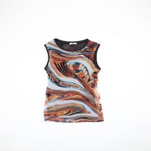 May include: A sleeveless, sheer, black and white tank top with a colourful abstract swirl pattern in shades of orange, blue, and brown.