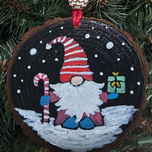 Christmas Gnome, Hand painted Tree Ornament, Santa Gnome on natural wood slice, candy cane stripes, Tree Decoration, Cute small Holiday Gift