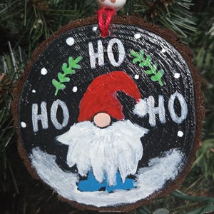 Christmas Gnome, Tree Ornament,  Hand painted wood slice, Gnome, Snowman, Rustic Tree Holiday decor, small christmas gift, acrylic painting