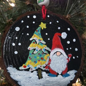 Gnome Ornament, Santa Gnome, Christmas Tree Ornament,  Hand Painted on natural wood slice, Super Cute Holiday Gift Idea, Holiday Decor