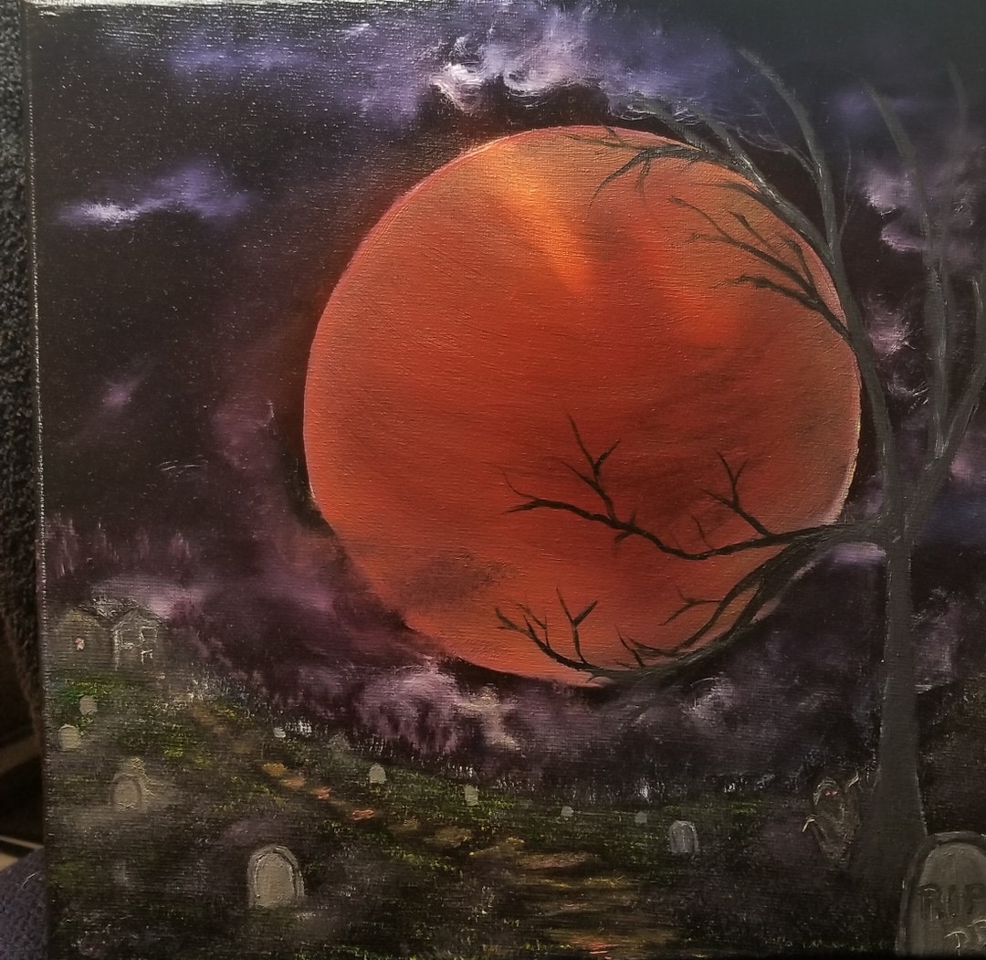 12x12 Original Oil Painting Black Light Glow in the Dark Black Light Halloween Graveyard Ghosts