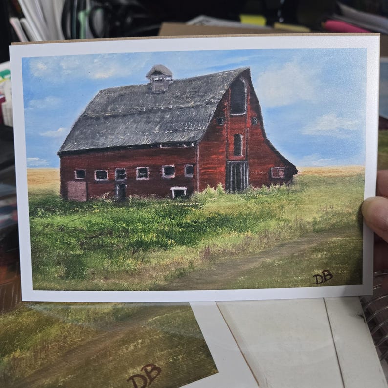 Fine Art Print - Realistic Red Barn Oil Painting, Clear Blue Sky ...