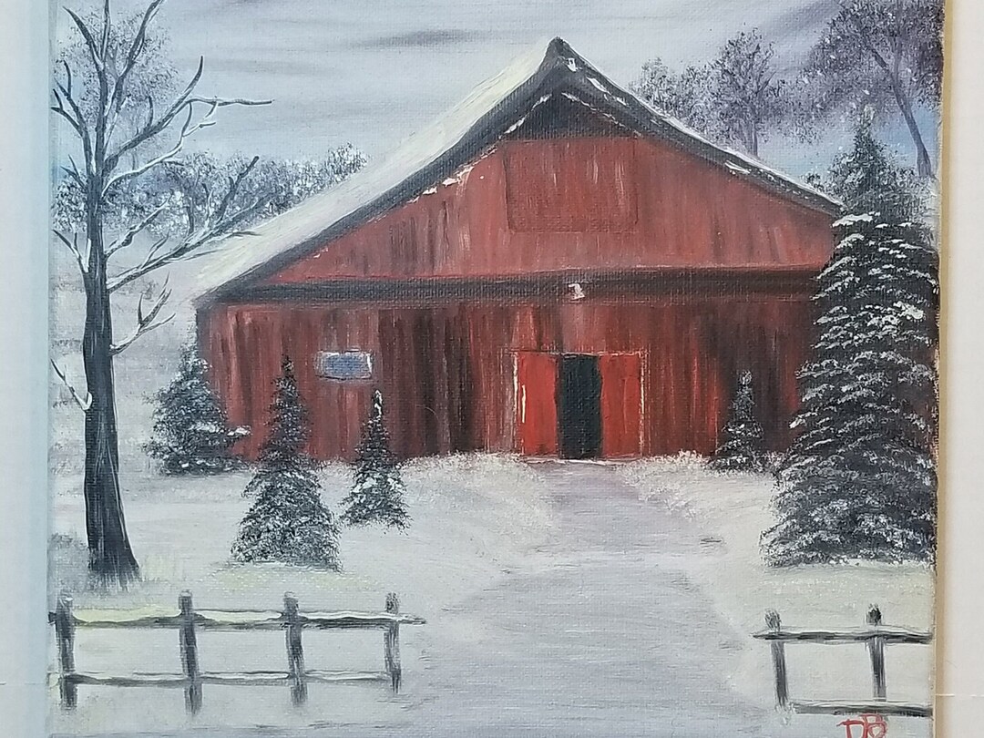 Barn Art, Winter Landscape Painting, Rustic Country Farm, Old Red Barn ...