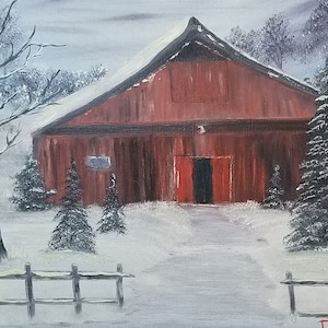 Barn Art, Winter Landscape Painting, Rustic Country Farm, Old Red Barn Artwork, Snow covered Trees, Farmhouse Kitchen Art, Living Room Decor
