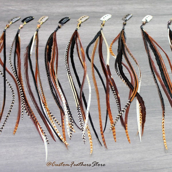 Clip In Hair Feather Extension Dark Barred Gingers Browns, Unique Variant, Grizzly Variant Feathers Bohemian Hair Extension Long Feathers