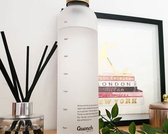 Motivational water bottle with AM-PM time markers | 1 litre, 32oz, BPA Free, frosted and lightweight | Perfect gift for him & her | Reusable