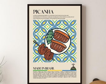 Brazil Picanha Print, Churrasco, Brasil, Gaucho, Food, Kitchen print, Retro Poster, Wall Art, Restaurant Poster, South America, Cafe Decor