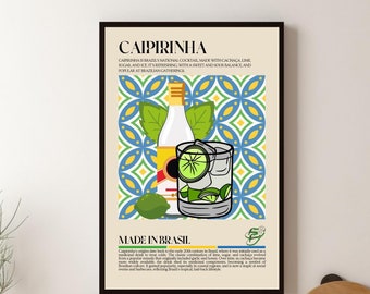 Impression caipirinha du Brésil, cachaça, Brésil, citron vert, nourriture, impression de cuisine, affiche rétro, art mural, affiche de restaurant, Amérique du Sud, décoration de café