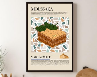 Moussaka Poster, Greek Food print, Creece Poster, Street Food, Kitchen print, Retro Poster, Wall Art, Restaurant Poster, Cafe Decor