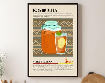 Kombucha Tea Print, Chai, Healthy poster, China, Food, Kitchen print, Retro Poster, Wall Art, Restaurant Poster, Lifestyle print, Cafe Decor