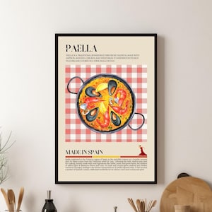 Spaanse paella print, Spanje eten poster, Europa, street food, keuken print, retro poster, kunst aan de muur, restaurant poster, café decor