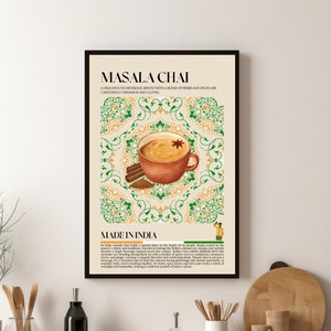 Impresión de té indio Masala Chai, impresión de comida asiática, comida india, póster de cocina moderna, retro, arte mural, póster de restaurante, India, decoración de cafeterías