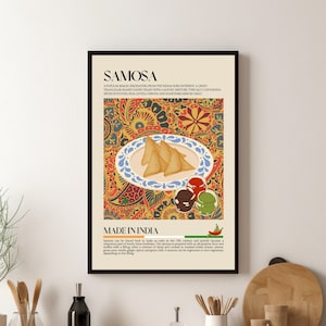 Impresión de samosa, comida callejera india, impresión de comida asiática, comida india, póster de cocina moderna, retro, arte mural, póster de restaurante, India, decoración de cafetería