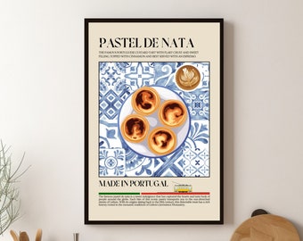 Affiche portugaise pastel de nata, crème pâtissière, impression d'aliments, impression de cuisine, affiche rétro, art mural, restaurant, décoration de café