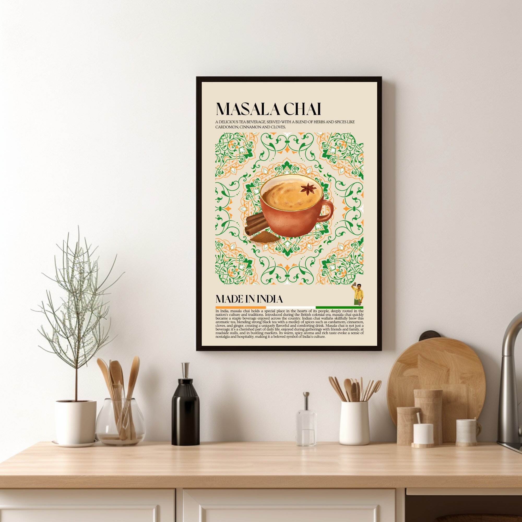 Impression de thé indien Masala Chai, impression de cuisine asiatique, cuisine indienne, affiche de cuisine moderne, rétro, art mural, affiche de restaurant, Inde, décoration de café