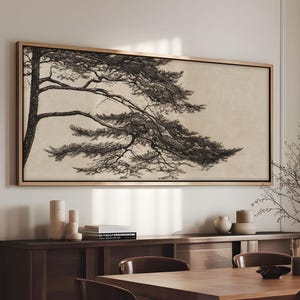 Panoramic Pine Tree Canvas Wall Art, Japanese Minimalist Wabi Sabi Nature-Inspired Decor, Black & Beige Zen Landscape, Large Framed Canvas