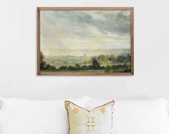 Vintage Landscape Painting Print, Farmhouse Scenery Wall Art, Antique Style Countryside Decor