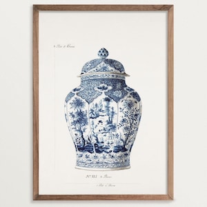 Blauer Chinoiserie Vasen Kunstdruck - Französische Landhausstil, Antike Rokoko Wandkunst, Toile de Jouy Poster für elegante Interieurs