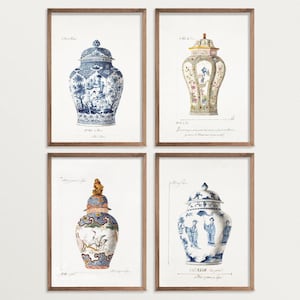 Chinoiserie Vasen Bilderset, Vintage Porzellan Wandkunst, Antike Französische Illustration
