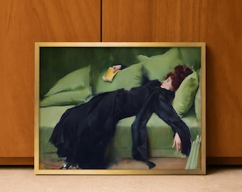 Decadent Young Woman, Victorian Portrait in Green, Dark Academia Decor