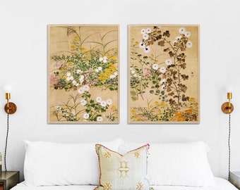 Chinoiserie väggkonst set om 2 – Diptych botanisk dekor, Grandmillennial-tryck