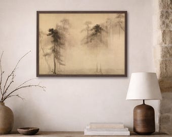 Japandi Pine Tree Art, Framed Wabi Sabi Wall Art, Calm Nature Home Decor