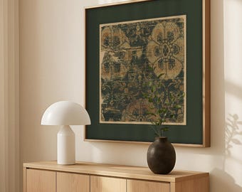 Vintage Textile Wall Art Print, Framed Wabi Sabi Square Artwork, Boho Living Room Decor