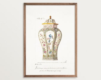 French Chinoiserie Vase Print | Vintage Watercolor Wall Art | Chinoiserie Ginger Jar Art