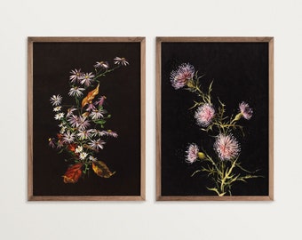 Black Botanical Print Set – Dark Academia Decor, Vintage Flower Wall Art