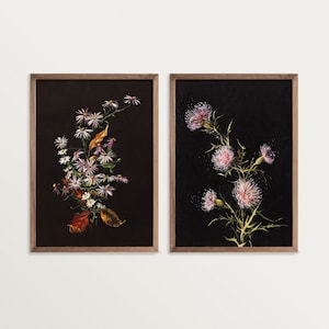 Dark Academia Decor Set of two Prints – Study of Florals | Moody Botanical Print, Dark Cottagecore, Vintage Flower Print