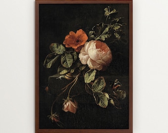 FRAMED Dark Botanical Flower Print – Moody Floral Still Life Art, Baroque Wall Decor, Vintage Rose Painting for Bedroom or Living Room