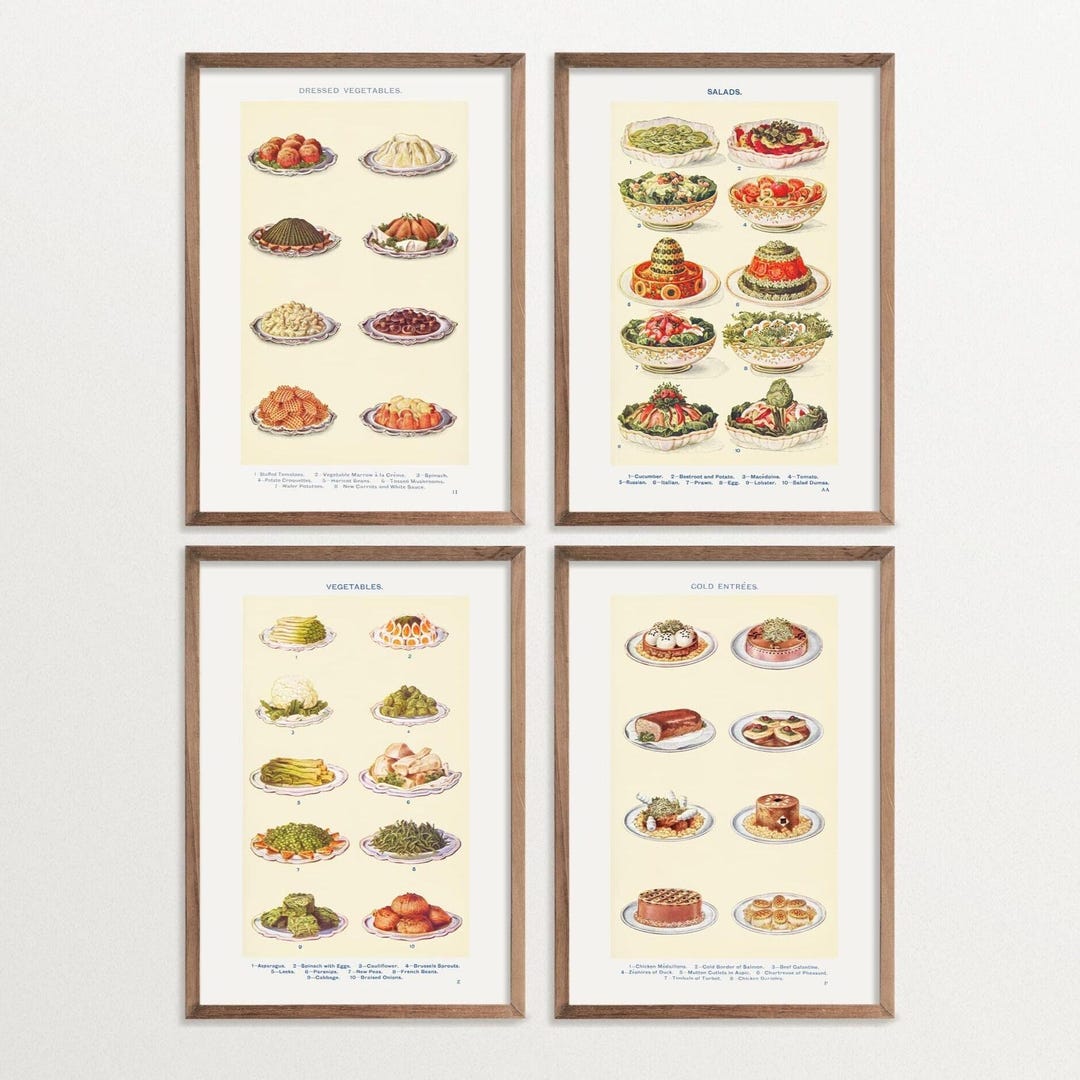 retro kitchen prints, set of 3, food wall art (digital... Vintage Food Illustration Art Print Set, Kitchen Cottagecore Decor ...