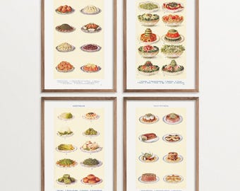 Vintage Food Illustration Art Print Set, Kitchen Cottagecore Decor, Retro Wall Art