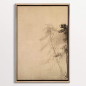 Framed wabi-sabi-inspired canvas wall art featuring delicate, minimalistic pine tree sketches in soft earthy tones, offering a serene aesthetic.
