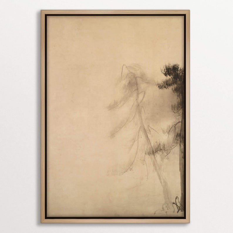 Framed wabi-sabi-inspired canvas wall art featuring delicate, minimalistic pine tree sketches in soft earthy tones, offering a serene aesthetic.