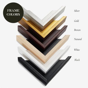 Image showing six different frame color options for canvas art, including silver, gold, brown, natural wood, white, and black. Each frame is arranged in a V-shape, offering a variety of finishes for customizable art displays.