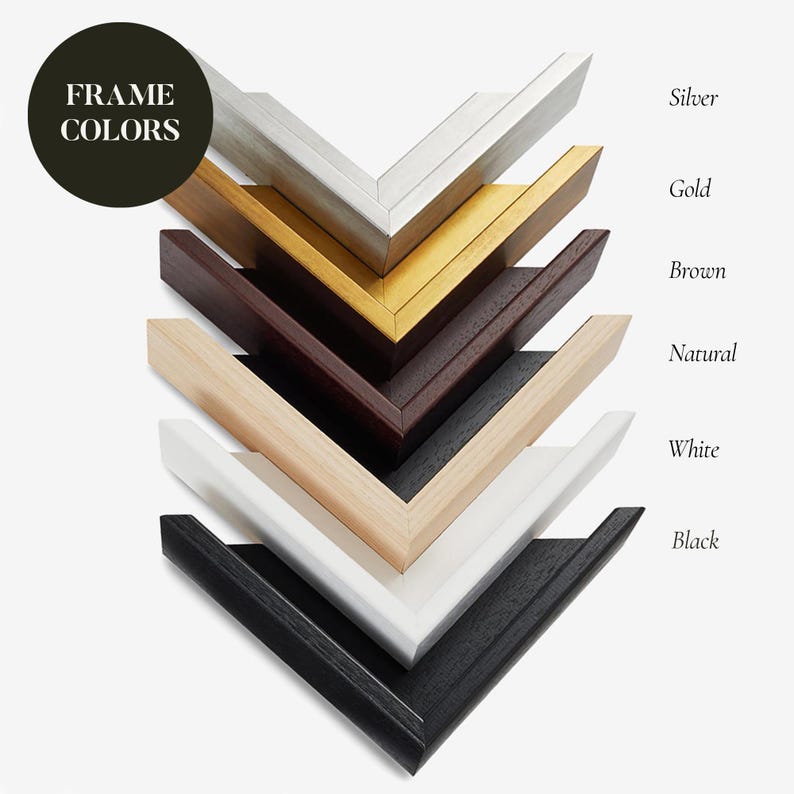 Image showing six different frame color options for canvas art, including silver, gold, brown, natural wood, white, and black. Each frame is arranged in a V-shape, offering a variety of finishes for customizable art displays.