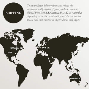 Black and white world map with marked shipping locations: USA, Canada, EU & UK, and Australia. Text explains items are shipped from these regions to reduce delivery times and environmental impact and customs or import duties may apply.