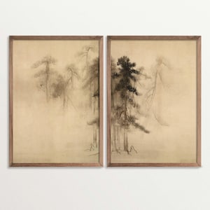 Set di due stampe murali Japandi, schizzo di un pino, arte Wabi Sabi per la casa, decorazione naturale per la camera da letto