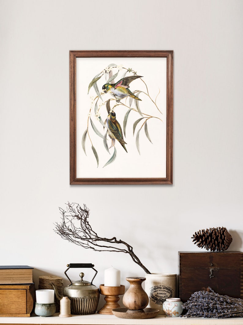 May include: A framed print of a watercolor painting depicting two birds perched on a branch of a tree with white flowers. The birds are green, yellow, and brown with a pink accent on one of the birds.