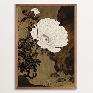 Vintage Chinoiserie Peony Art Print – Japanese-Inspired Floral Wall Art, Neutral Wabi-Sabi Decor, Elegant Botanical Poster