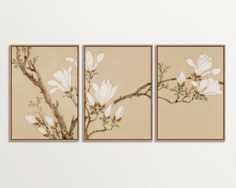 Magnolia Blossom Framed Canvas Triptych – Elegant Asian-Inspired Wall Art, Neutral Botanical Decor for Living Spaces