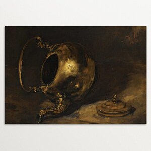 A vintage art print of a brass teapot on its side with its lid placed nearby, painted in warm golden tones on a dark background, capturing the reflective texture and rich patina of the metal. Perfect for moody interiors.
